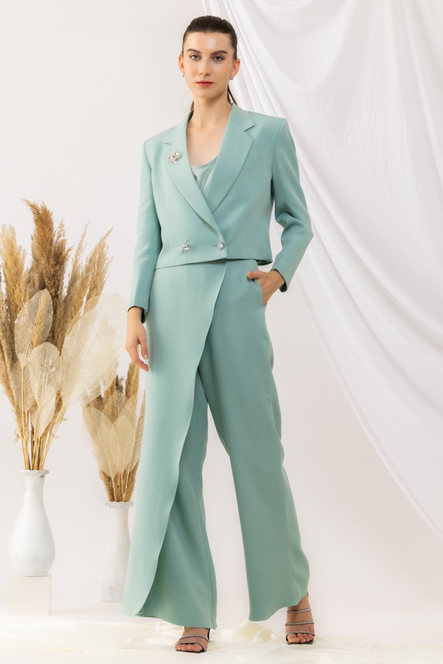 Sea Green Short Overlap Blazer With Overlap Pant