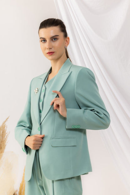 Sea Green Single Button Blazer With Flap Side Pockets Features with a Brooch