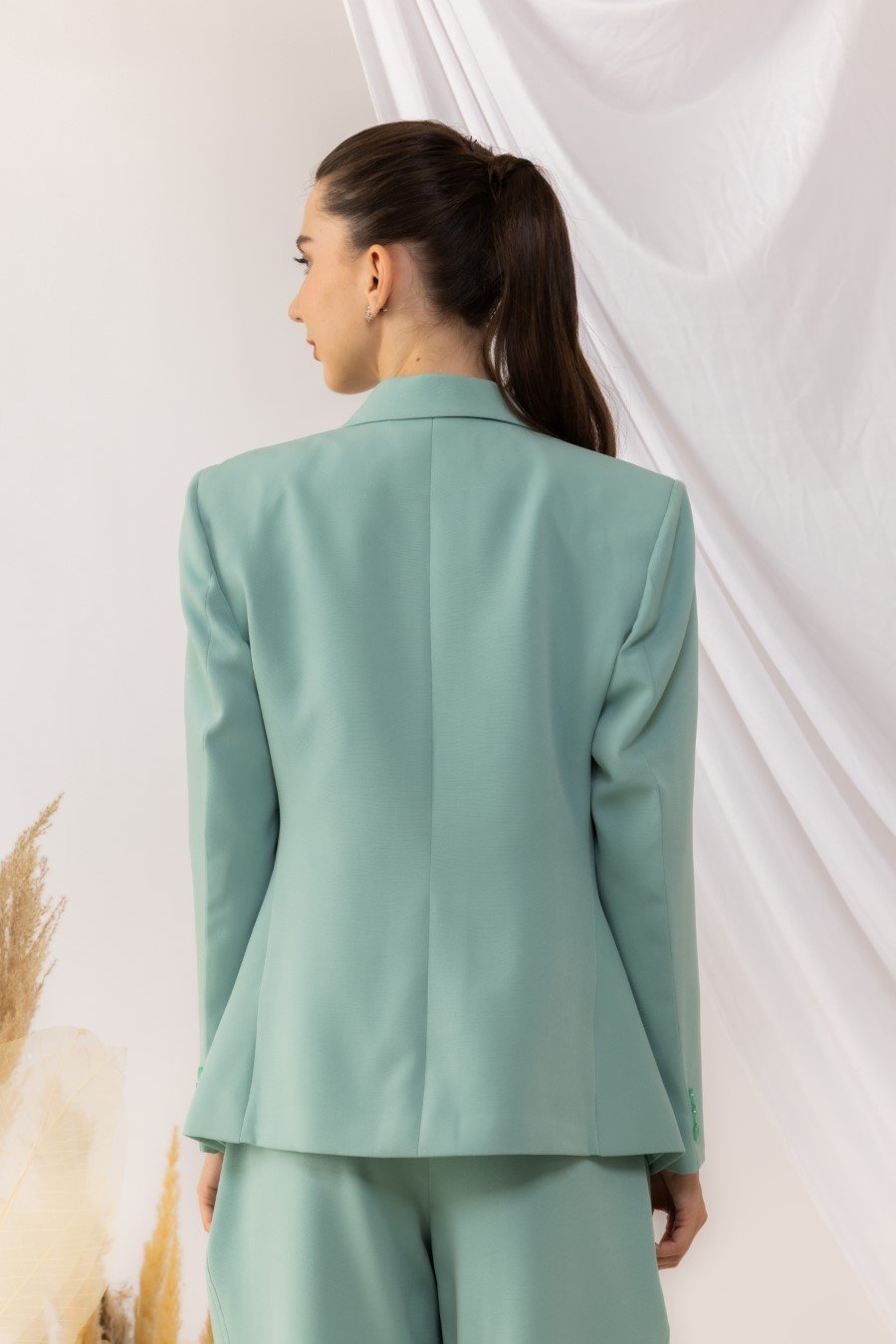 Sea Green Single Button Blazer With Flap Side Pockets Features with a Brooch