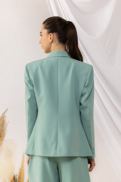 Sea Green Single Button Blazer With Flap Side Pockets Features with a Brooch