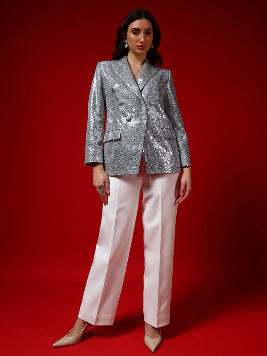 Silver Sequin Double-Breasted Blazer with Metal Buttons