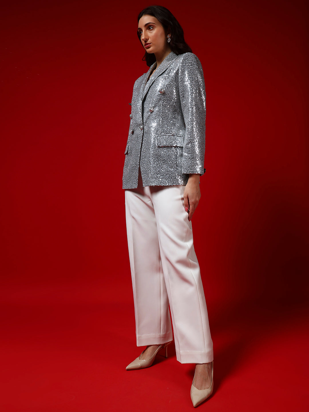 Silver Sequin Double-Breasted Blazer with Metal Buttons