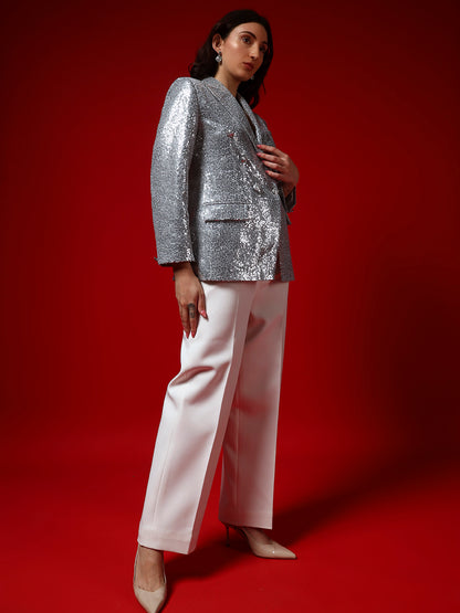 Silver Sequin Double-Breasted Blazer with Metal Buttons