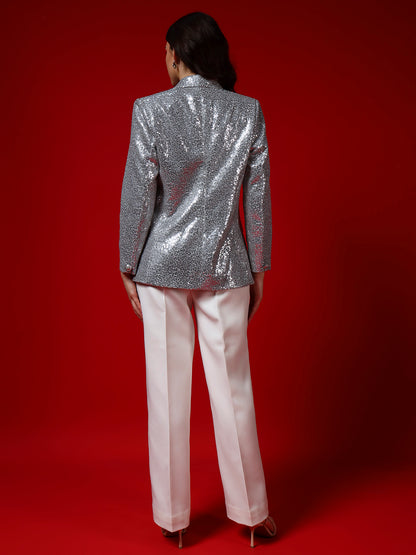 Silver Sequin Double-Breasted Blazer with Metal Buttons