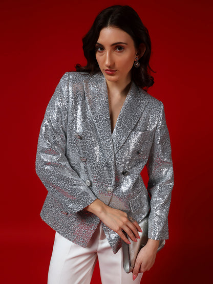 Silver Sequin Double-Breasted Blazer with Metal Buttons